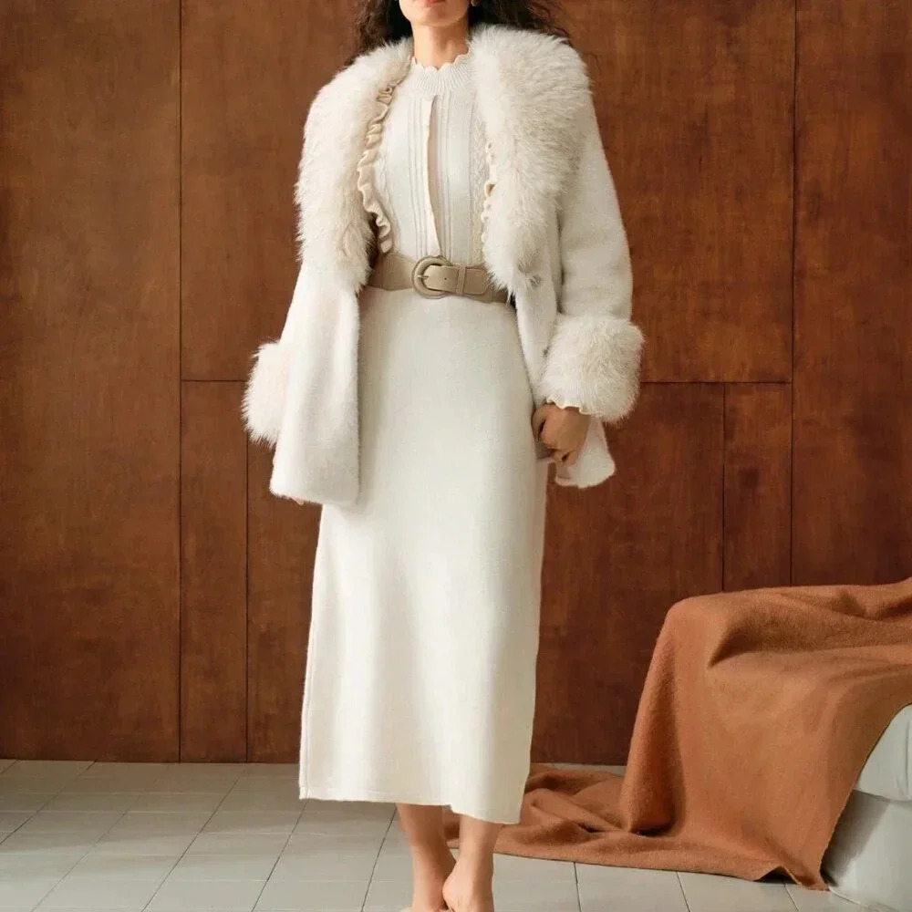 White Casual Women's Faux Fur Panel Waterfall Collar Belted Coat - Picture 6 of 9